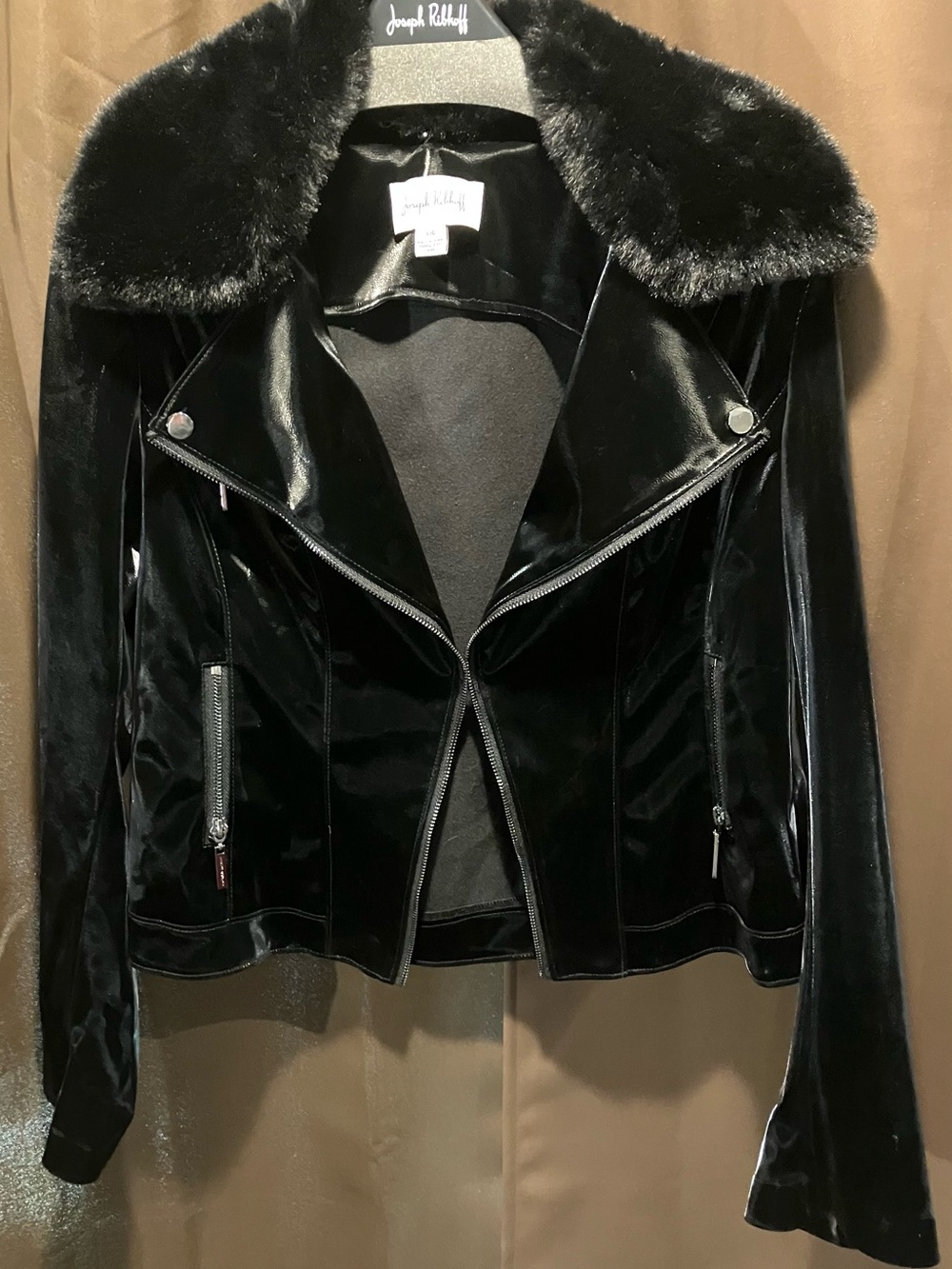 Joseph Ribkoff Black Velvet Jacket with Faux Fur Collar
